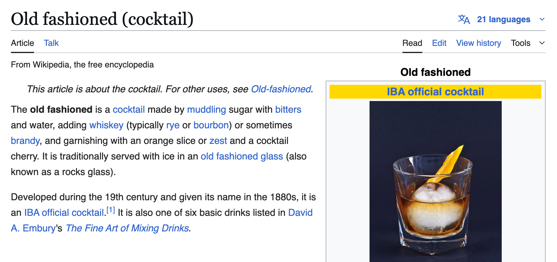 Screenshot of the old fashioned (cocktail) Wikipedia page