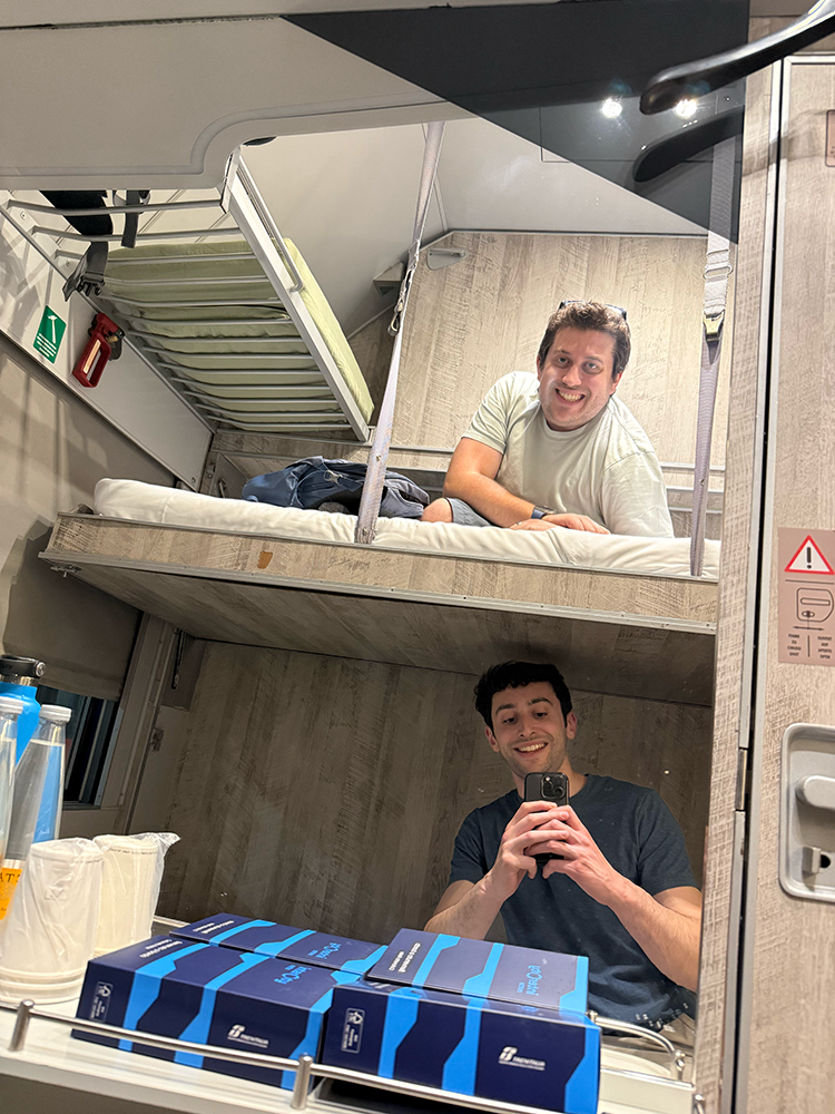 Justin and Adam in the Intercity Notte sleeper train bunk bed