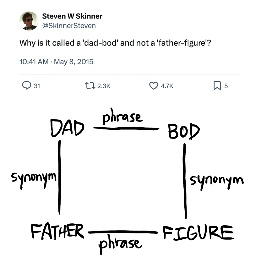 Tweet by Steven W Skinner that says 'Why is it called a dad-bod and not a father-figure', with a square showing DAD - phrase - BOD connected via synonyms to FATHER - phrase - FIGURE